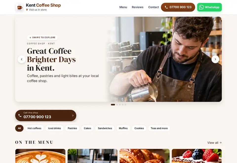 Kent Coffee Shop demo website on a computer