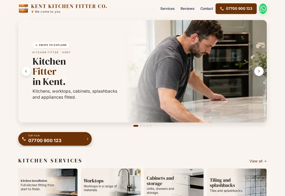 Kent Kitchen Fitter Co. demo website on a computer
