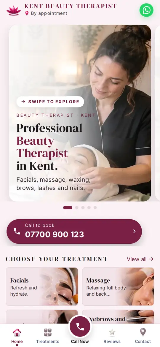 Kent Beauty Therapist demo app on a phone