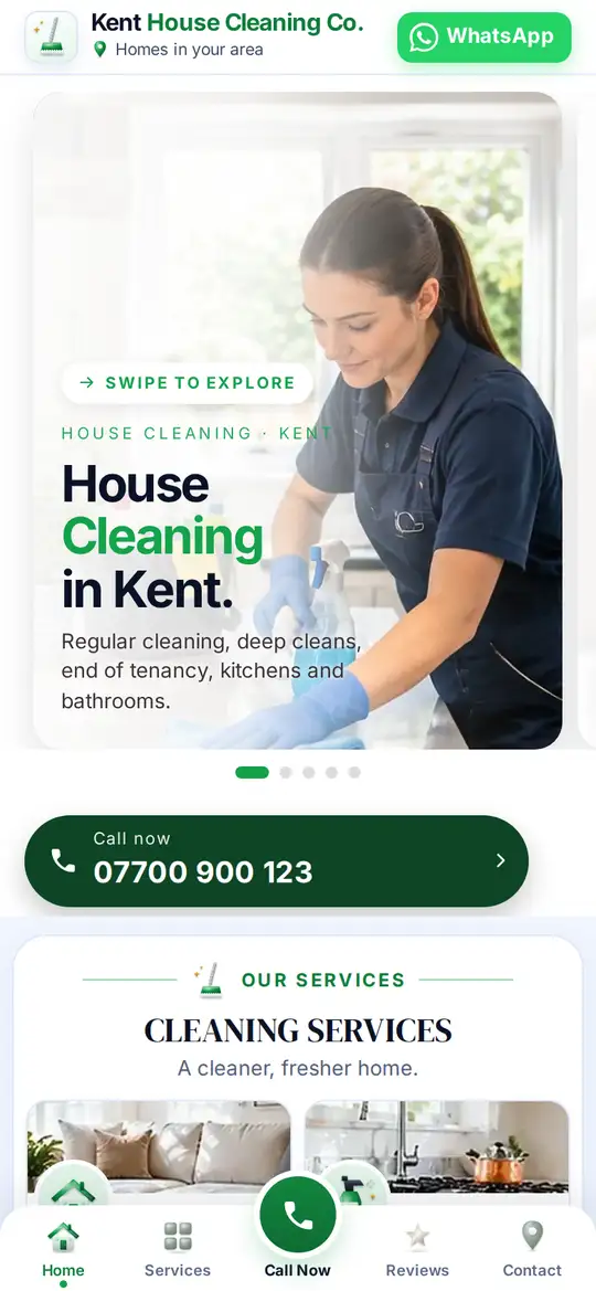 Kent House Cleaning Co. demo app on a phone