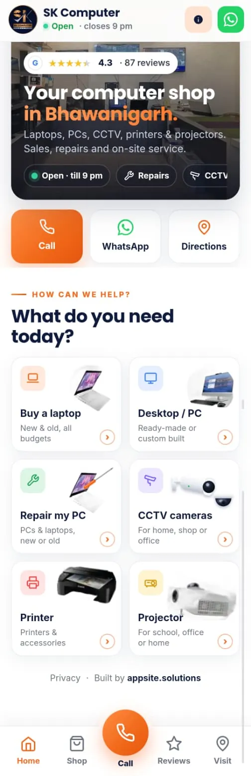 SK Computer app-style website, Home screen