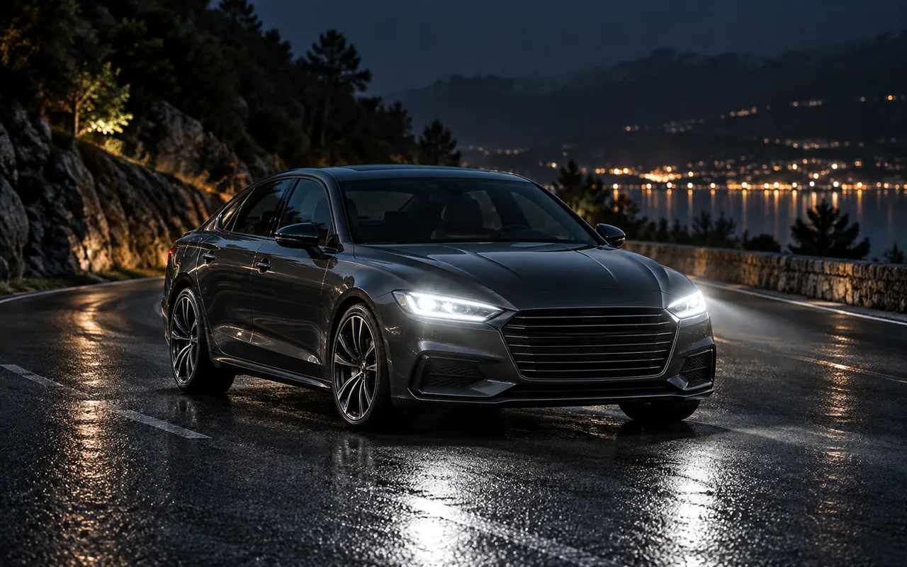 Car on a wet road at night