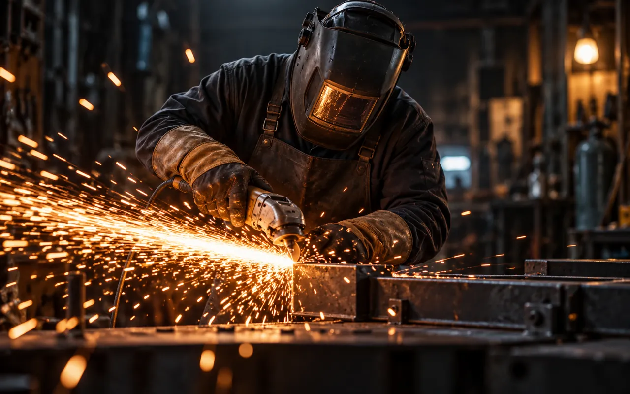 Welder grinding metal with sparks